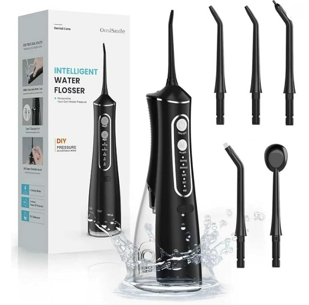 OasiSmile Water Flosser for Teeth Cleaning, 300ML Cordless Oral Irrigator with DIY Strength, 4 Modes & 5 Jet Tips