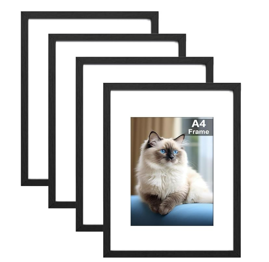 RUN HELIX A4 Picture Frame Set of 4, Black Picture Frames 22.6 x 31.3cm, Plexiglass, Table Top or Wall Hanging